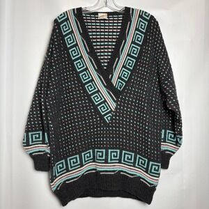 Maser M Vintage 80s Made in Austria Geometric Greek Key V-Neck Sweater Womens 12